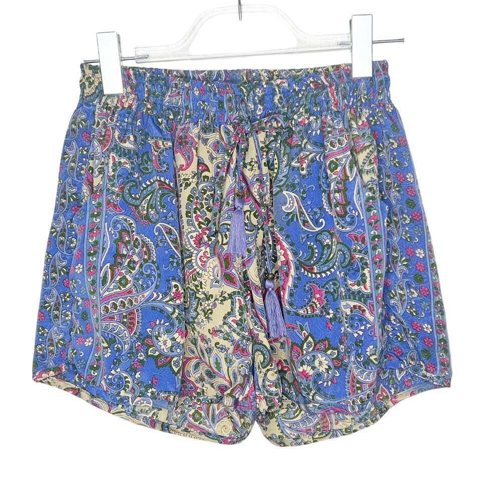 ART SILK Paisley Shorts High Waist Elastic Waist Tassel Blue Multicolor Size XS